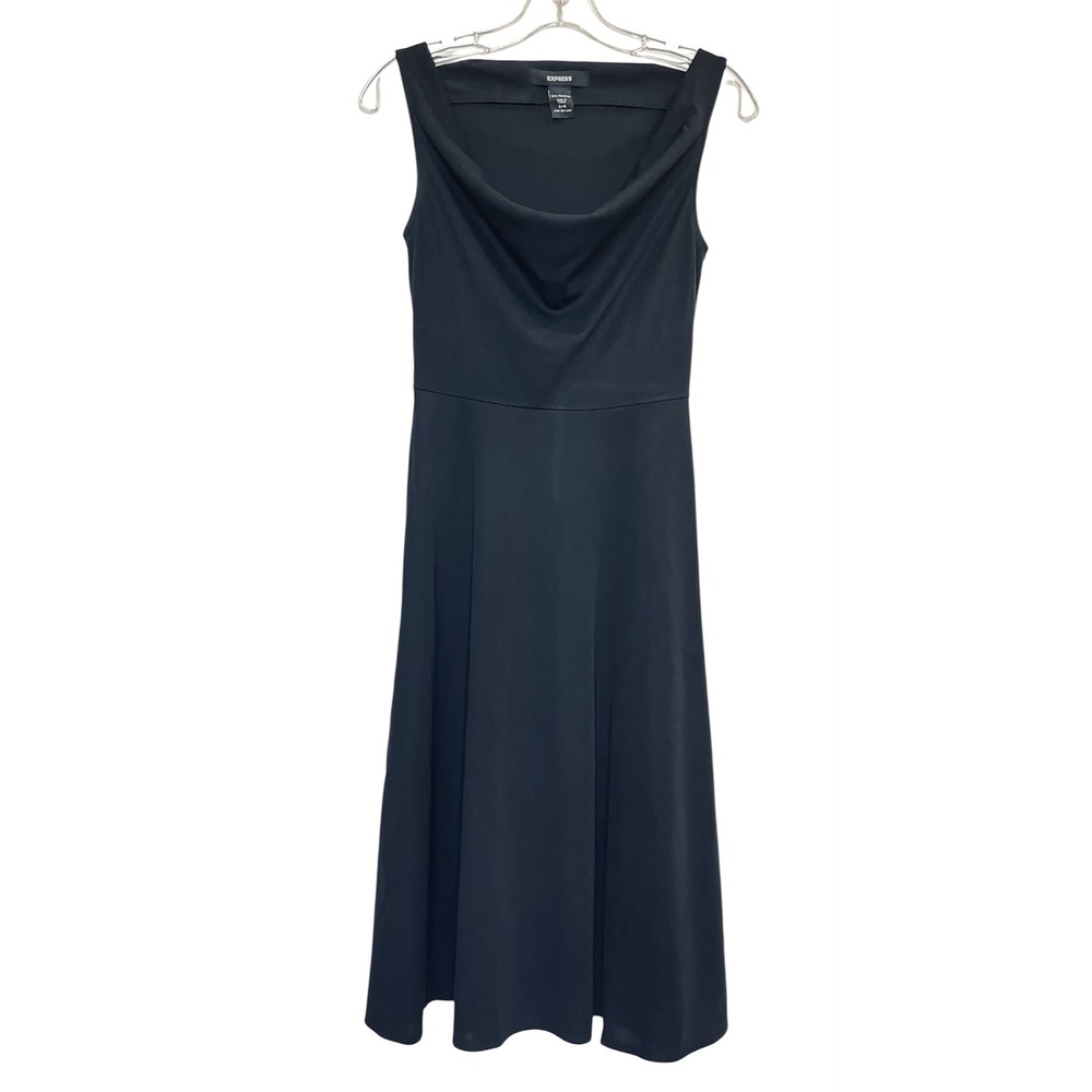 Express Cowl Neck Midi Dress Womens 3/4 Black Sleeveless Flared Cocktail LBD Y2K